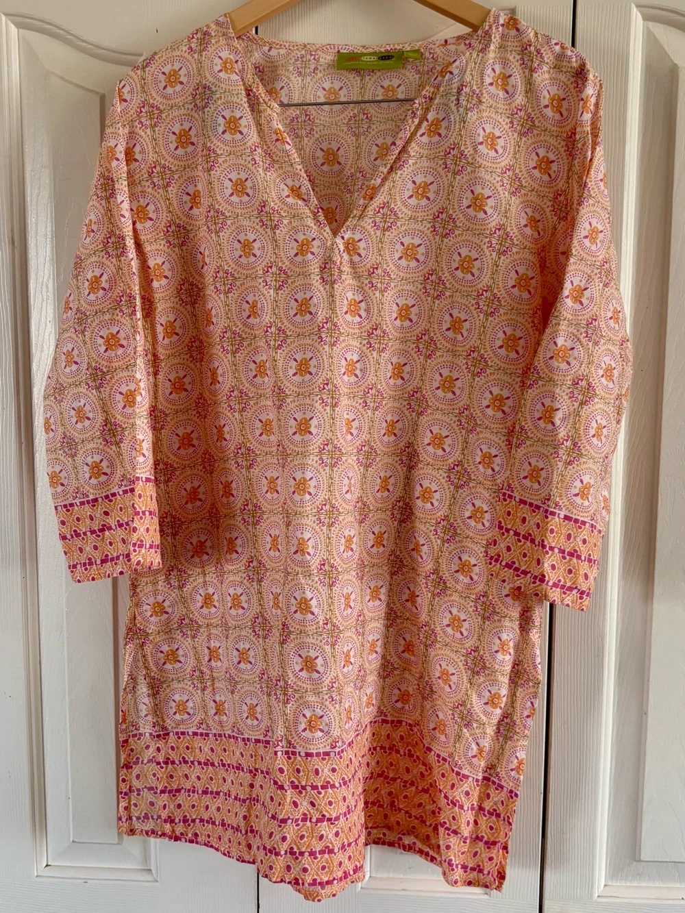 Rock Flower Paper Top Womens Large Pink Orange Cotton Tunic Boho Coastal